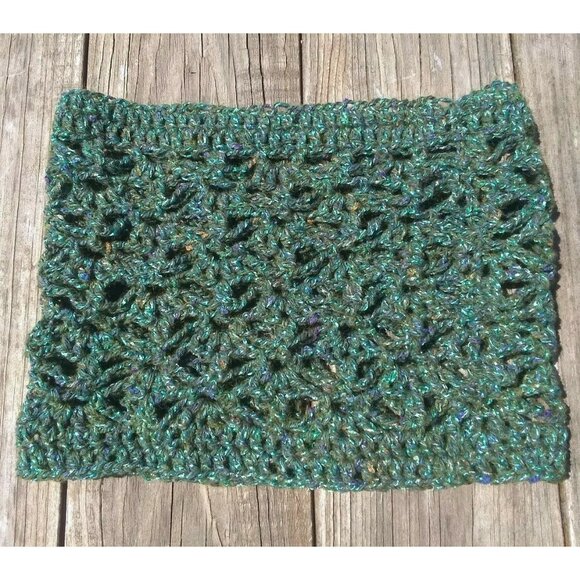 Handmade Women's Loop Scarf Cowl Crochet Alpaca Neckwarmer Lace Green Glitter - Picture 7 of 9